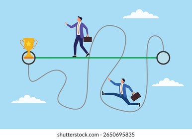 Vector illustration of two businessmen aiming for success, one takes a straight, direct path while the other navigates a winding, challenging road, symbolizing different journeys to achievement
