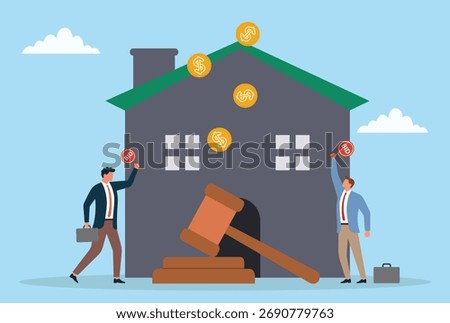 Vector illustration of two businessmen bidding to buy a house, representing real estate competition, property auction, and investment opportunities
