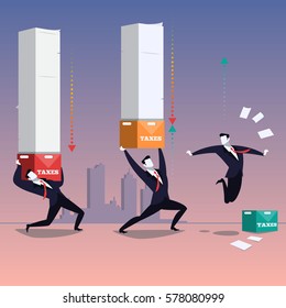 Vector illustration of two businessmen carrying tax boxes and one happy man is free of them. Business and taxation concept design element in flat style.