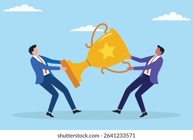 Vector illustration of two businessmen competing fiercely for a golden trophy, symbolizing ambition, fierce competition, rivalry, and efforts to achieve success in business
