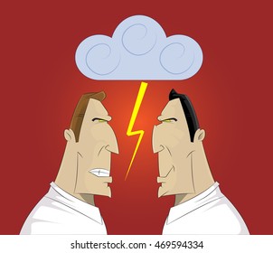 Vector Illustration Of Two Businessmen Confrontation, Conflict And Cussing.