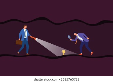 Vector illustration of two businessmen in a dark tunnel, using flashlights and magnifying glasses to discover a trophy, representing collaboration, strategic exploration