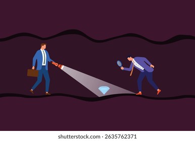 Vector illustration of two businessmen in a dark tunnel, using flashlights and magnifying glasses to discover a diamond, representing teamwork, strategic exploration, and the search for hidden value