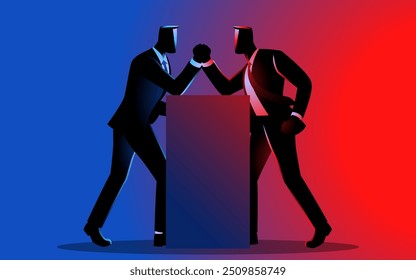 Vector illustration of two businessmen engaged in a hand wrestling match, symbolizing competition, rivalry, power struggles, competitive environments, and conflict resolution concepts