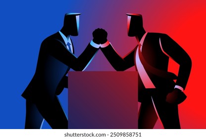 Vector illustration of two businessmen engaged in a hand wrestling match, symbolizing competition, rivalry, power struggles, competitive environments, and conflict resolution concepts