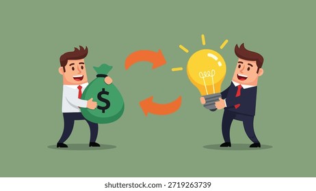 Vector illustration of two businessmen exchanging a money bag for a lightbulb, depicting investment in creative ideas and innovation.