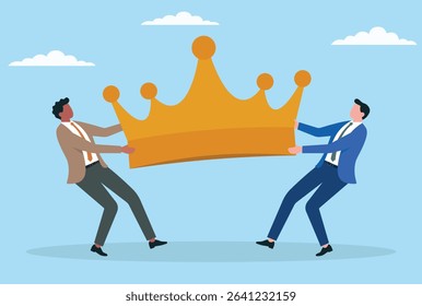 Vector illustration of two businessmen fighting for a crown, representing competition, ambition, and the fight for leadership, dominance, or top position in the corporate world
