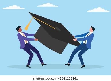Vector illustration of two businessmen fighting for a graduation cap, symbolizing competition for education, credentials, and the role of academic achievement in career advancement
