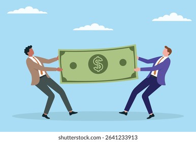 Vector illustration of two businessmen fighting over a money note, symbolizing financial rivalry, competition, and the struggle for wealth and economic success in business
