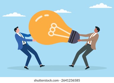Vector illustration of two businessmen fighting for a light bulb, representing rivalry and competition over innovative ideas, creativity, and intellectual property in business
