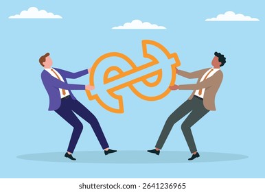 Vector illustration of two businessmen fighting over a dollar sign, symbolizing intense financial competition, rivalry for wealth, and the battle for economic power in business
