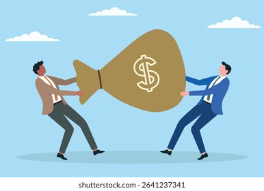 Vector illustration of two businessmen fighting over a money sack, representing financial competition, corporate rivalry, greed, and the struggle for monetary gain in business
