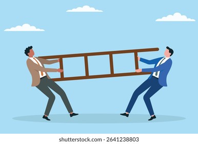 Vector illustration of two businessmen fighting for a ladder, symbolizing ambition, rivalry, career advancement, and the competitive struggle to climb the corporate
