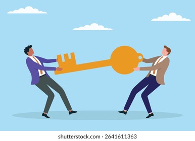 Vector illustration of two businessmen fighting over a key, symbolizing competition, power struggle, and the battle to unlock success and opportunity in business
