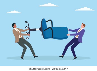 Vector illustration of two businessmen fighting for a chair, symbolizing rivalry, power struggle, and the contest to secure a leadership role or important position in business
