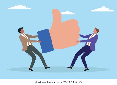 Vector illustration of two businessmen fighting for a like icon, symbolizing the struggle for social media dominance, customer approval, and competitive advantage in the digital business world
