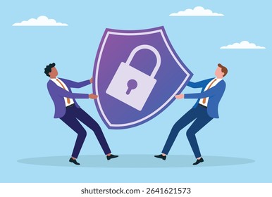Vector illustration of two businessmen fighting for a security icon, representing the battle for control over cybersecurity, data protection, and digital trust in the modern business world
