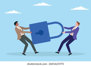 Vector illustration of two businessmen fighting for a large lock, representing the intense battle for data security, control, and dominance in the digital and corporate world
