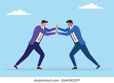Vector illustration of two businessmen fighting against each other, symbolizing corporate rivalry, power struggle, competitive tension, and conflict in the business world
