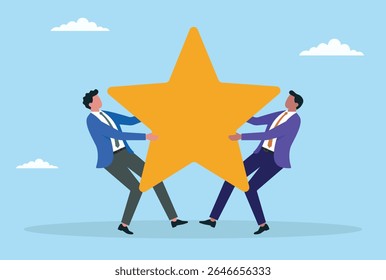 Ilustração vetorial de dois homens de negócios lutando por um signo de estrela, simbolizando a concorrência para críticas positivas de clientes, reputação e se esforçando para as melhores classificações nos negócios
