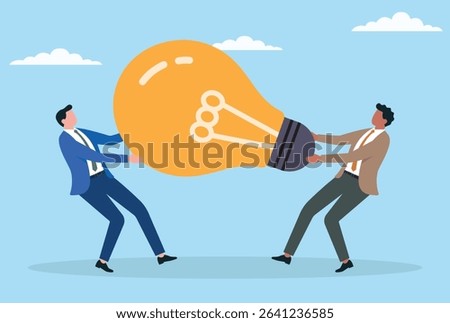 Vector illustration of two businessmen fighting for a light bulb, representing rivalry and competition over innovative ideas, creativity, and intellectual property in business
