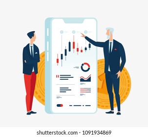 Vector illustration of two businessmen in front of the screen gadget with graphs of financial indicators. To illustrate financial articles, reports, blogs, news for posting on websites and print media