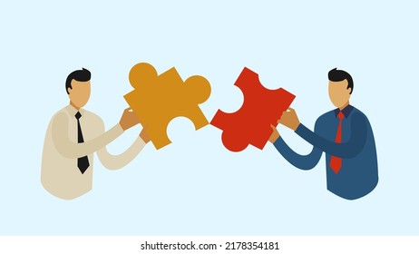 Vector illustration: Two businessmen holding and trying to unite two big pieces of jigsaw puzzle, metaphor for brainstorming and discussion to find solution for business
