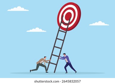 Ilustração vetorial de dois empresários levantando escadas juntos em direção a um objetivo, representando o trabalho em equipe, a cooperação e o esforço conjunto para subir mais e alcançar o sucesso compartilhado
