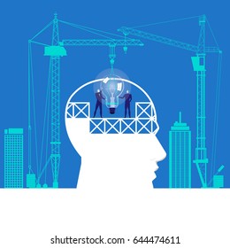 Vector illustration of two businessmen with light bulb inside of human head and crane lifting up this light bulb. New creative idea concept flat style design.