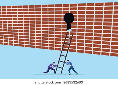 Vector illustration of two businessmen setting up a ladder to reach a keyhole in a brick wall, symbolizing teamwork, problem solving, overcoming obstacles, and finding opportunities
