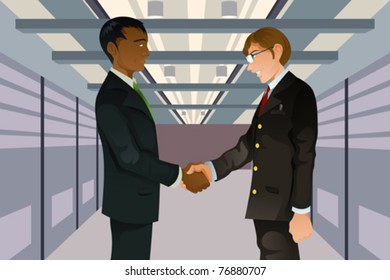 A vector illustration of two businessmen shaking hands in a technology data center