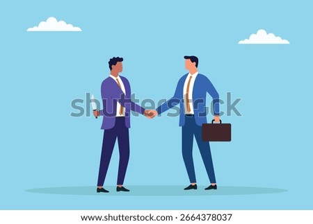 Vector illustration of two businessmen shaking hands, while one hides a knife behind his back, symbolizing betrayal, deception, distrust, and hidden malicious intentions in business deals
