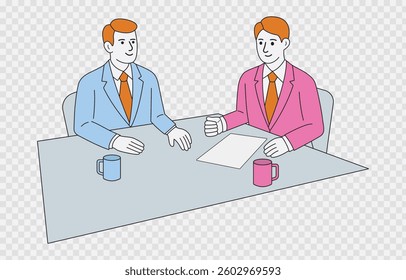 Vector illustration of two businessmen sitting at a desk, discussing ideas with documents and coffee mugs, symbolizing business meeting, teamwork, negotiation, and collaboration