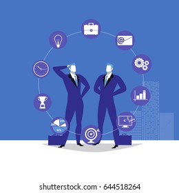 Vector illustration of two businessmen talking to each other and business flat icons, infographic items around them.