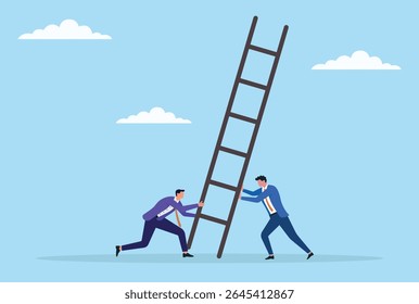 Ilustração vetorial de dois homens de negócios tentando levantar uma escada, simbolizando parceria, trabalho em equipe e esforço coletivo para alcançar novas alturas e superar obstáculos
