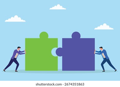 Ilustración vectorial de dos hombres de negocios que intentan conectar dos piezas del rompecabezas, simbolizando el trabajo en equipo, la colaboración, la resolución de problemas y la asociación estratégica
