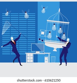 Vector illustration of two businessmen trying to catch light bulbs with wings and to put them in a cage like birds.