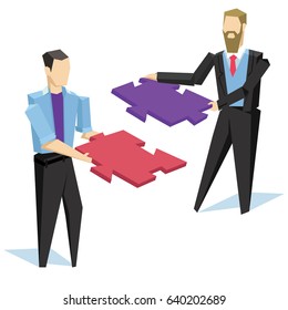Vector illustration of two businessmen trying to connect two puzzle pieces. Partnership Concept