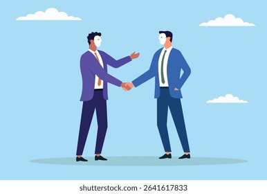 Vector illustration of two businessmen wearing scam masks shaking hands, representing deceitful agreements, hidden motives, and untrustworthy partnerships in the business world
