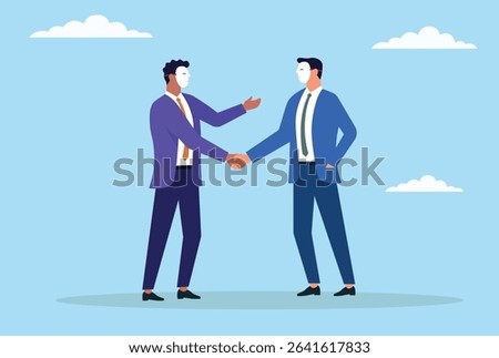 Vector illustration of two businessmen wearing scam masks shaking hands, representing deceitful agreements, hidden motives, and untrustworthy partnerships in the business world
