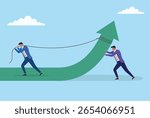 Vector illustration of two businessmen working together, one pulling and one pushing a rising green arrow, symbolizing collaboration driving business growth and success
