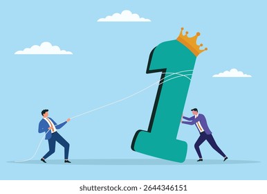 Vector illustration of two businessmen working together to support and raise a giant number one wearing a crown, symbolizing teamwork, unity, leadership, and striving for top success
