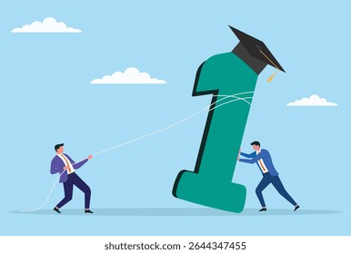 Vector illustration of two businessmen working together to support and raise a giant number one wearing a graduation cap, symbolizing teamwork, leadership, and academic excellence
