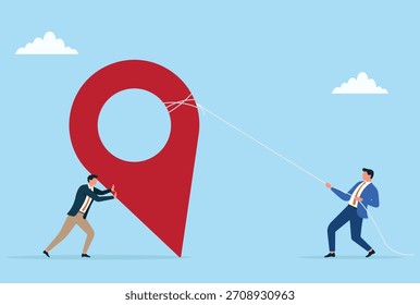 Ilustración vectorial de dos empresarios trabajando juntos para posicionar un marcador de ubicación gigante, que simboliza el trabajo en equipo, la dirección estratégica y el esfuerzo necesario para lograr objetivos compartidos
