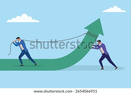 Vector illustration of two businessmen working together, one pulling and one pushing a rising green arrow, symbolizing collaboration driving business growth and success
