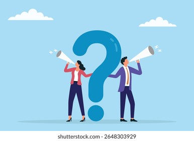 Ilustração vetorial de dois empresários anunciando um problema através de um megafone perto de um ponto de interrogação gigante, destacando a comunicação urgente e buscando soluções para a incerteza
