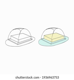 A vector illustration of two butter pieces in butter box with a glass covers isolated on white background. Designed in yellow, light green colors for prints, projects, as a coloring page 
