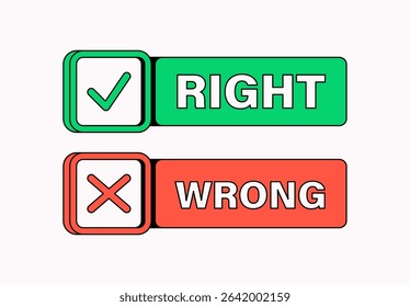 Vector illustration of two buttons labeled "right" and "wrong" with check and cross symbols. Useful for quizzes, decisions, voting, feedback, and user interface design