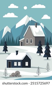 A vector illustration of two cabins nestled in a snowy mountain scene with trees and clouds. The style is simple and flat.