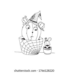 Vector illustration of two cactus characters wearing witches costumes for Halloween party. Black and white cactuses with hats in pots for your design. Coloring book print.